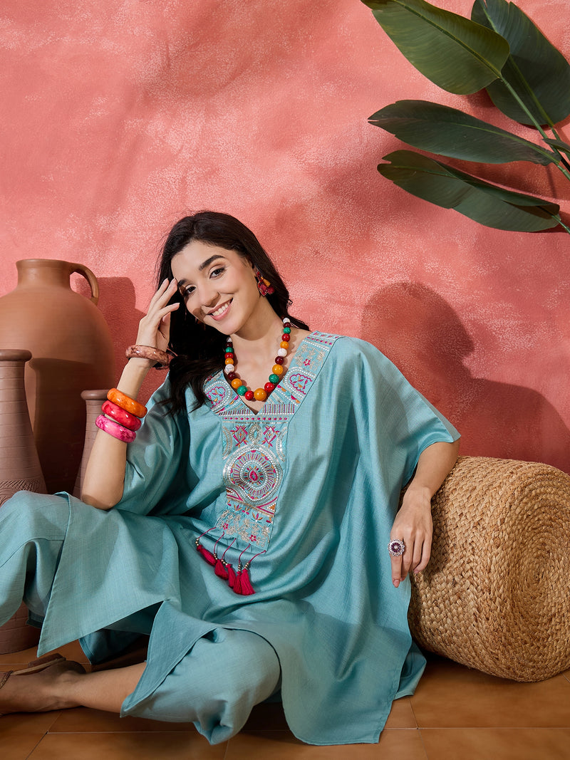 Embroidered V-Neck Mirror work Kaftan With Dhoti Pant