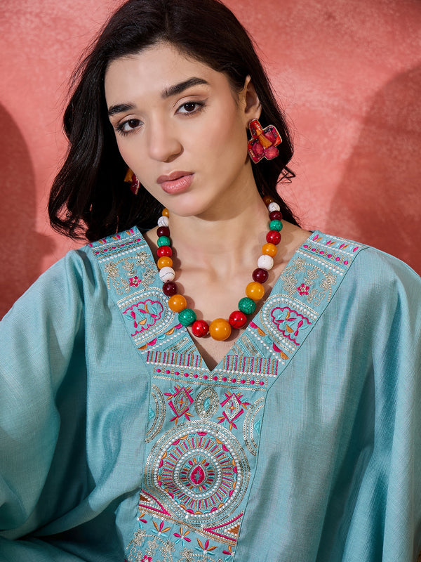 Embroidered V-Neck Mirror work Kaftan With Dhoti Pant