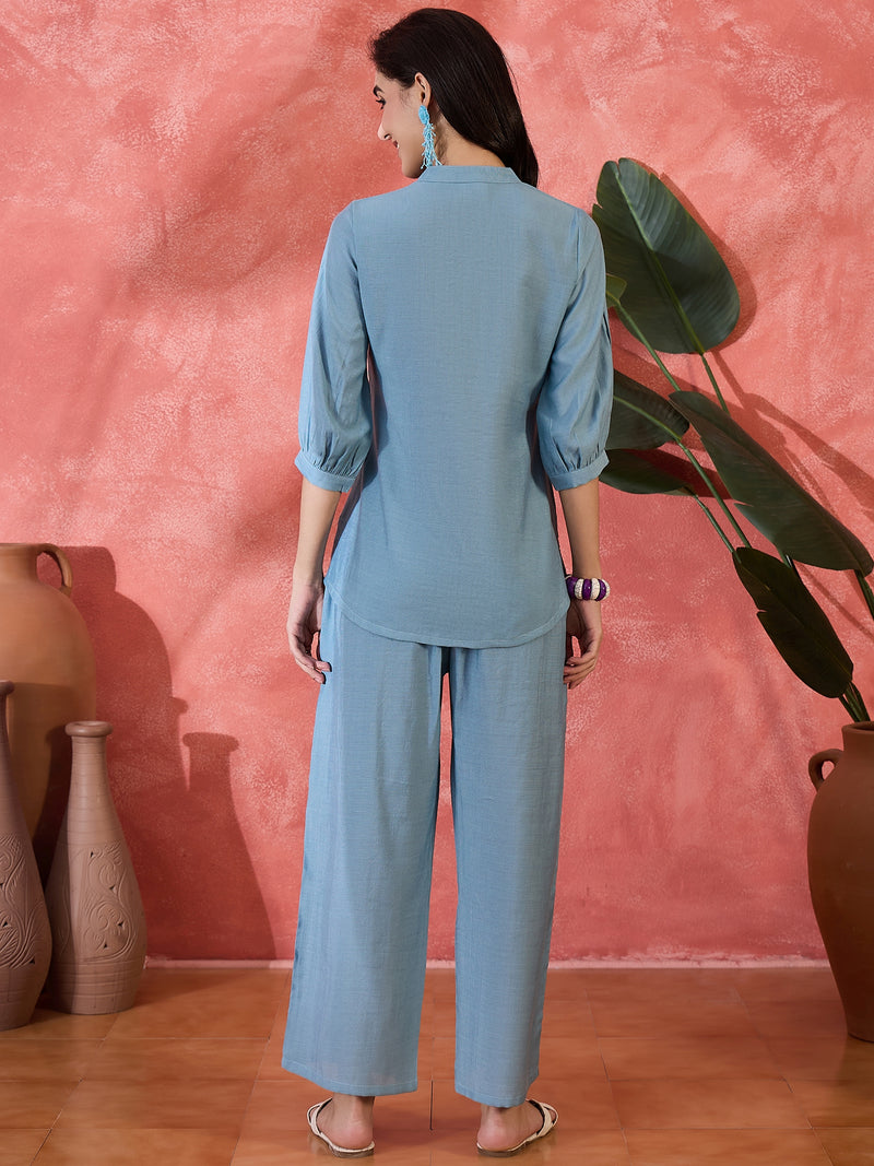 Floral Embroidered V-Neck Tunic With Trouser