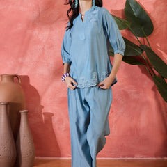 Floral Embroidered V-Neck Tunic With Trouser