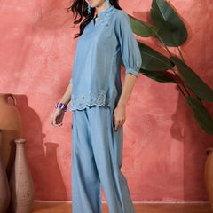 Floral Embroidered V-Neck Tunic With Trouser