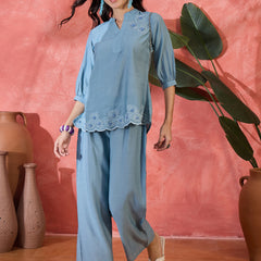 Floral Embroidered V-Neck Tunic With Trouser