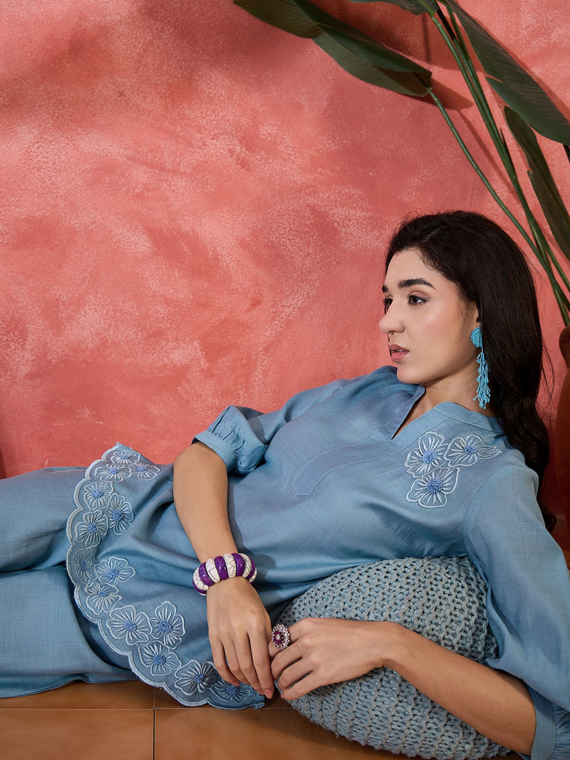 Floral Embroidered V-Neck Tunic With Trouser