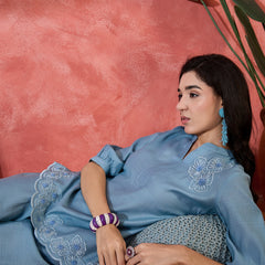 Floral Embroidered V-Neck Tunic With Trouser
