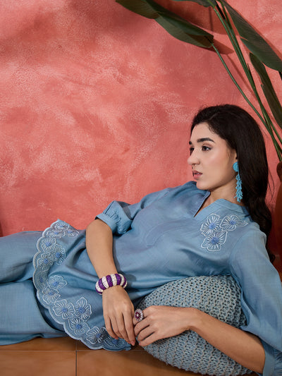 Floral Embroidered V-Neck Tunic With Trouser