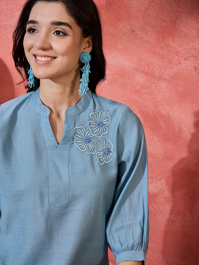 Floral Embroidered V-Neck Tunic With Trouser