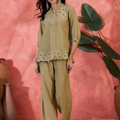 Grey Floral Embroidered V-Neck Tunic With Trouser