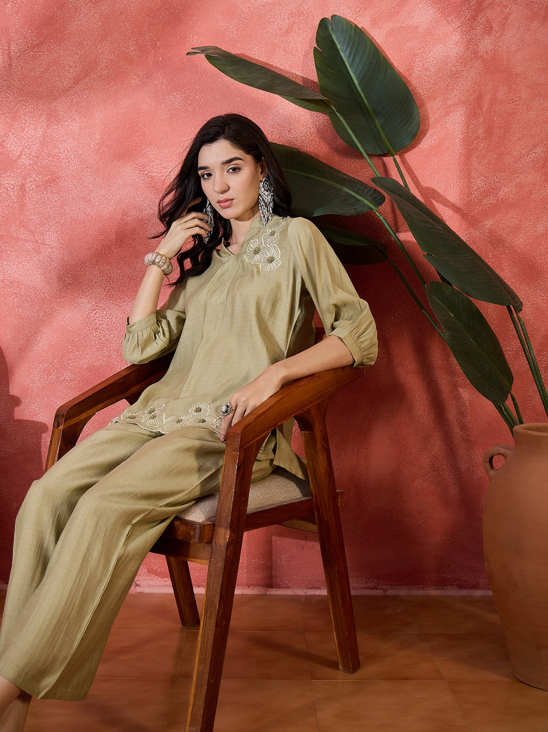 Grey Floral Embroidered V-Neck Tunic With Trouser