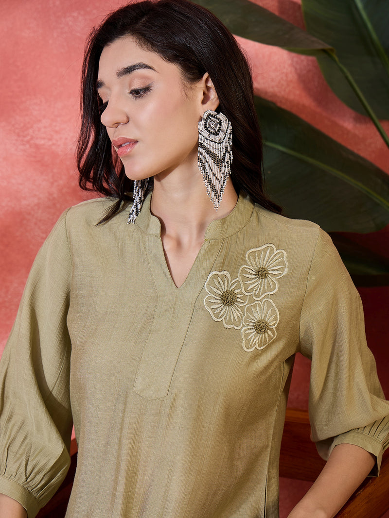 Grey Floral Embroidered V-Neck Tunic With Trouser
