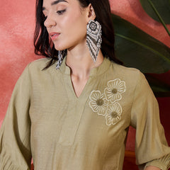 Grey Floral Embroidered V-Neck Tunic With Trouser