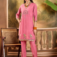 Floral Embroidered V-Neck Tunic With Pant Co-Ords Set