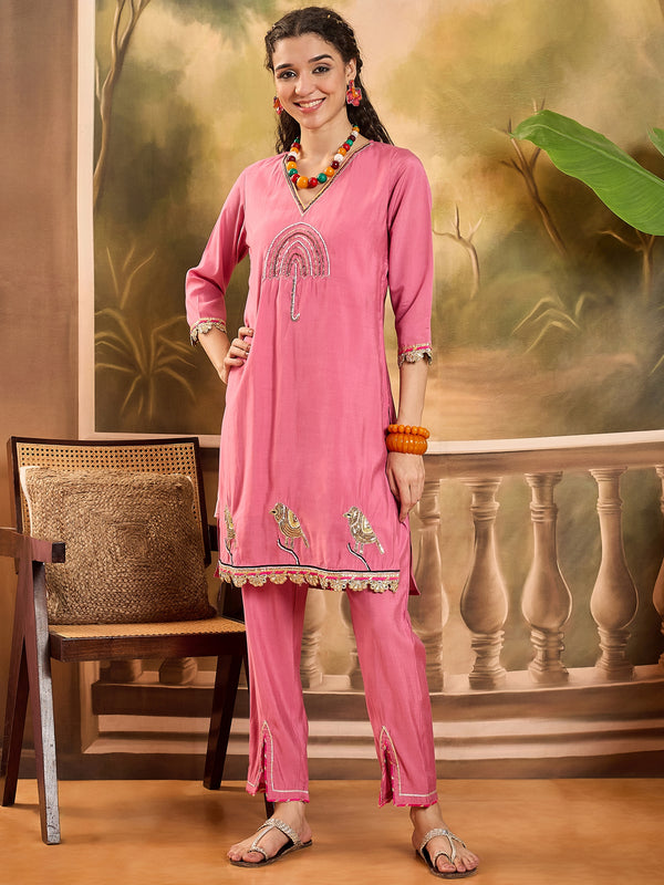 Floral Embroidered V-Neck Tunic With Pant Co-Ords Set