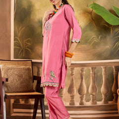 Floral Embroidered V-Neck Tunic With Pant Co-Ords Set