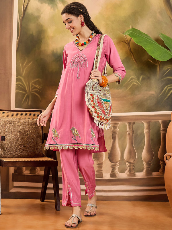 Floral Embroidered V-Neck Tunic With Pant Co-Ords Set
