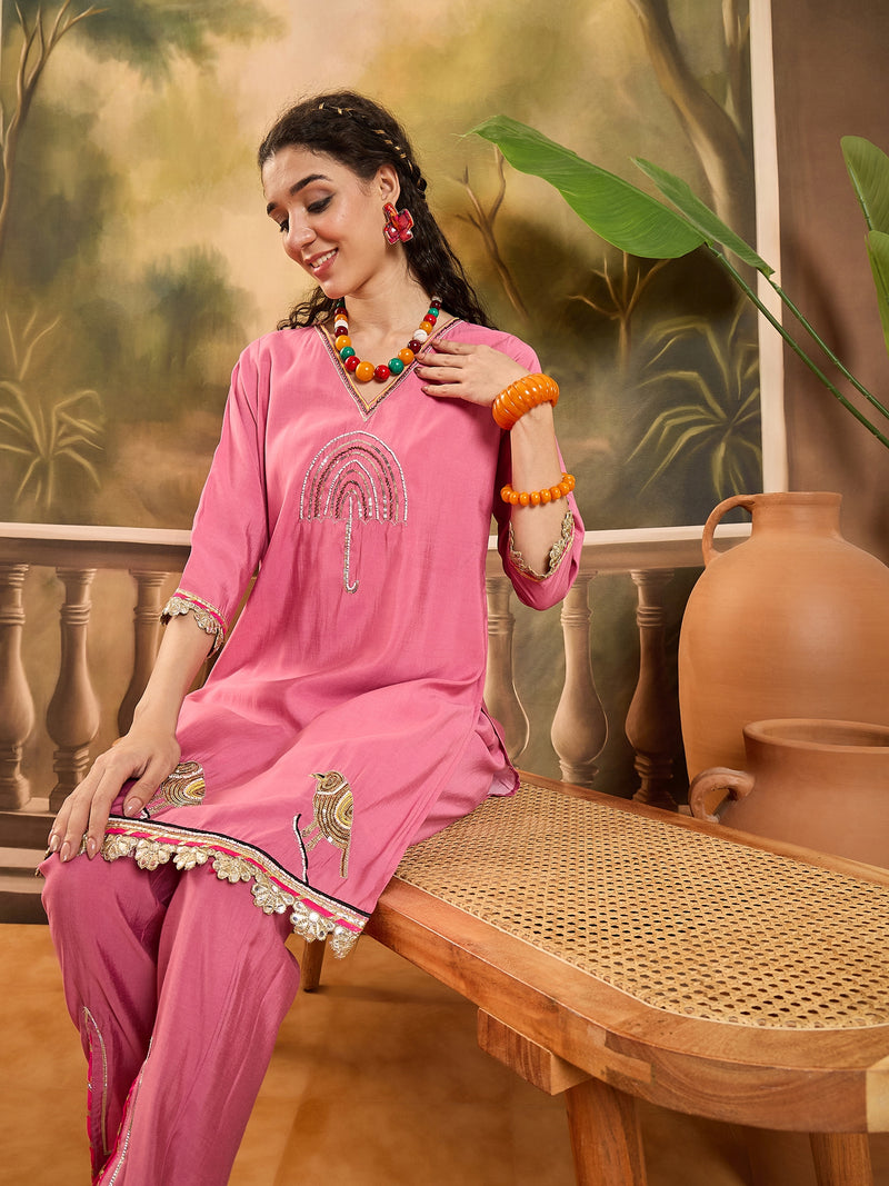 Floral Embroidered V-Neck Tunic With Pant Co-Ords Set