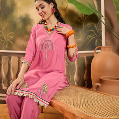 Floral Embroidered V-Neck Tunic With Pant Co-Ords Set