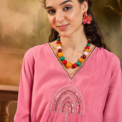 Floral Embroidered V-Neck Tunic With Pant Co-Ords Set