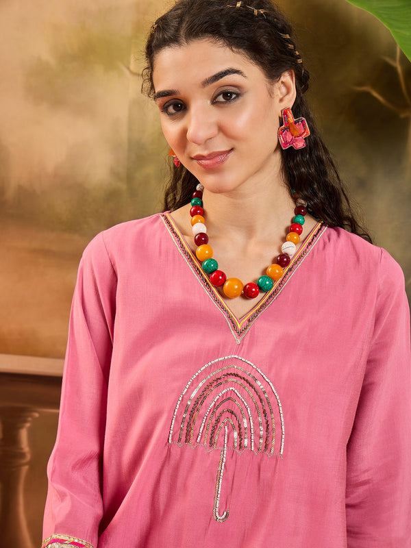 Floral Embroidered V-Neck Tunic With Pant Co-Ords Set