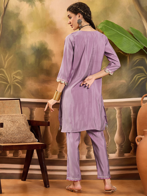 Floral Embroidered V-Neck Tunic With Pant Co-Ords Set