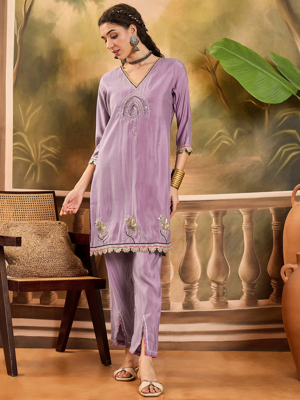 Floral Embroidered V-Neck Tunic With Pant Co-Ords Set