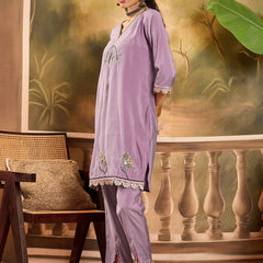 Floral Embroidered V-Neck Tunic With Pant Co-Ords Set