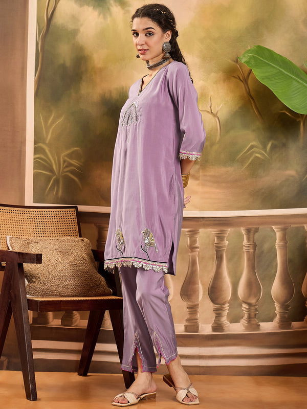 Floral Embroidered V-Neck Tunic With Pant Co-Ords Set