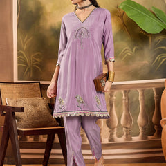 Floral Embroidered V-Neck Tunic With Pant Co-Ords Set