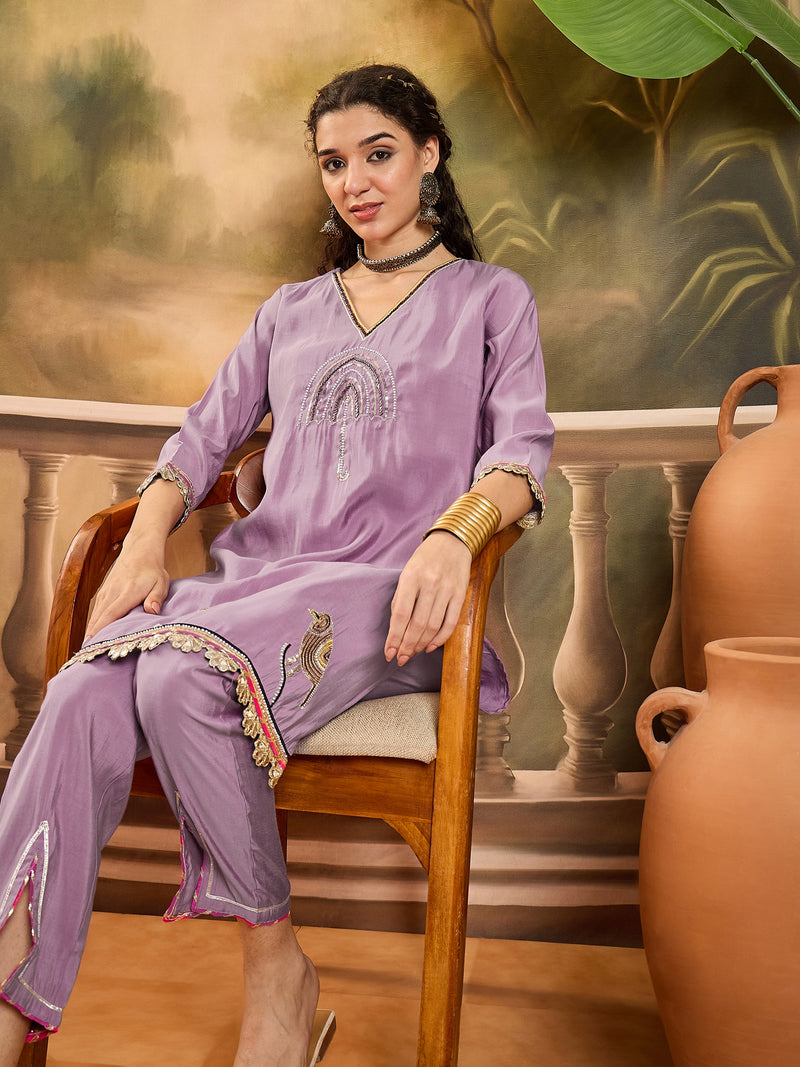 Floral Embroidered V-Neck Tunic With Pant Co-Ords Set