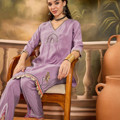 Floral Embroidered V-Neck Tunic With Pant Co-Ords Set
