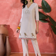 Floral Embroidered V-Neck Tunic With Pant Co-Ords Set