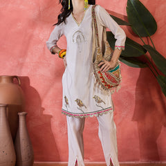 Floral Embroidered V-Neck Tunic With Pant Co-Ords Set