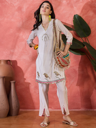 Floral Embroidered V-Neck Tunic With Pant Co-Ords Set
