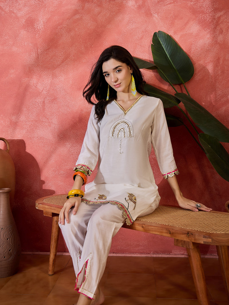 Floral Embroidered V-Neck Tunic With Pant Co-Ords Set
