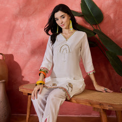 Floral Embroidered V-Neck Tunic With Pant Co-Ords Set