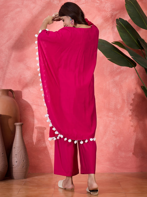 Pink Embroidered V-Neck Mirror work Kaftan With Trousers