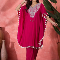 Pink Embroidered V-Neck Mirror work Kaftan With Trousers