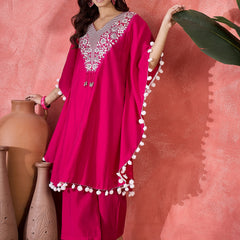 Pink Embroidered V-Neck Mirror work Kaftan With Trousers