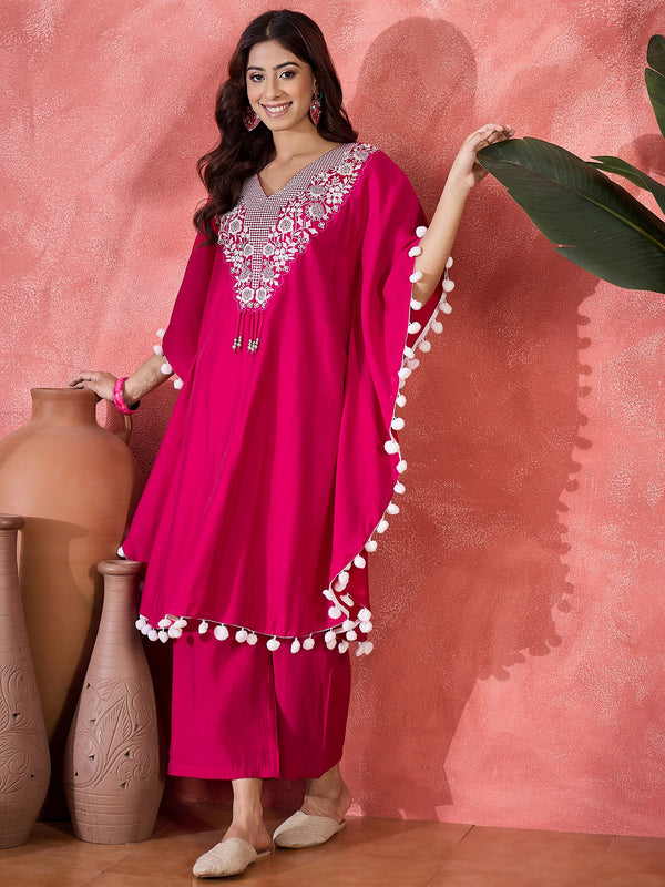 Pink Embroidered V-Neck Mirror work Kaftan With Trousers