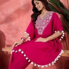 Pink Embroidered V-Neck Mirror work Kaftan With Trousers