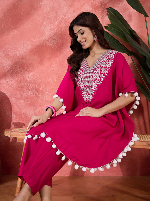 Pink Embroidered V-Neck Mirror work Kaftan With Trousers