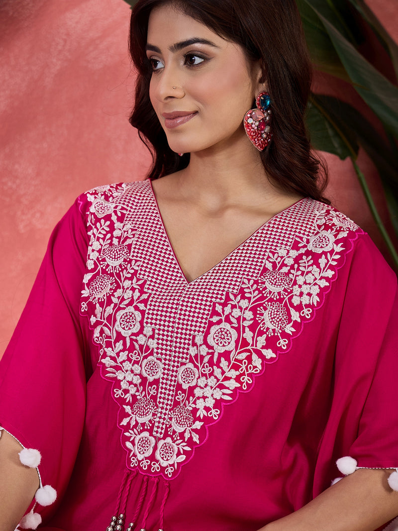 Pink Embroidered V-Neck Mirror work Kaftan With Trousers