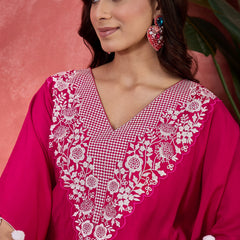 Pink Embroidered V-Neck Mirror work Kaftan With Trousers
