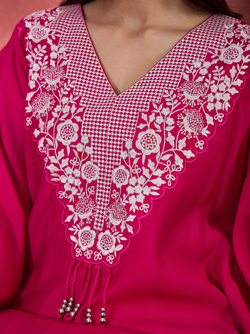 Pink Embroidered V-Neck Mirror work Kaftan With Trousers