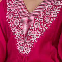 Pink Embroidered V-Neck Mirror work Kaftan With Trousers