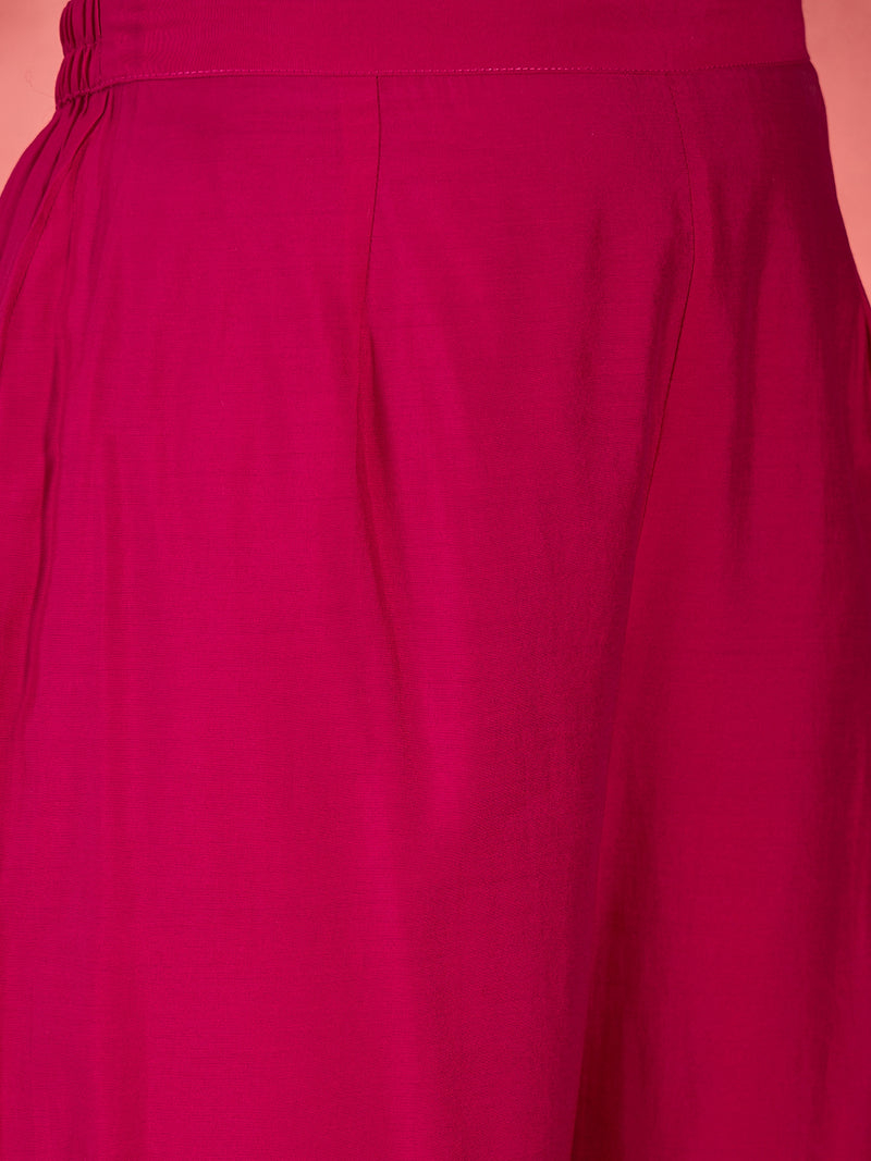 Pink Embroidered V-Neck Mirror work Kaftan With Trousers
