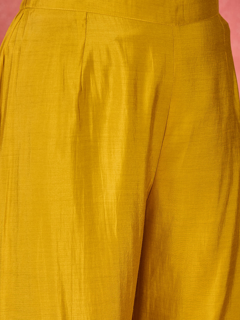 Yellow Embroidered V-Neck Mirror work Kaftan With Trousers