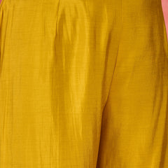 Yellow Embroidered V-Neck Mirror work Kaftan With Trousers