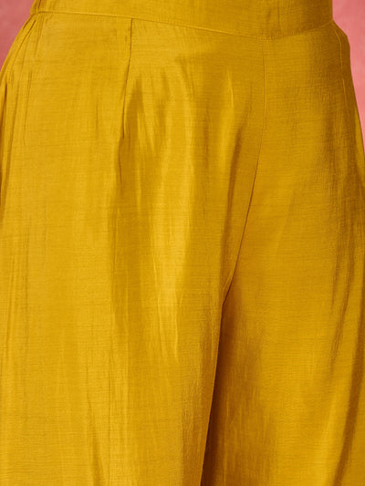 Yellow Embroidered V-Neck Mirror work Kaftan With Trousers