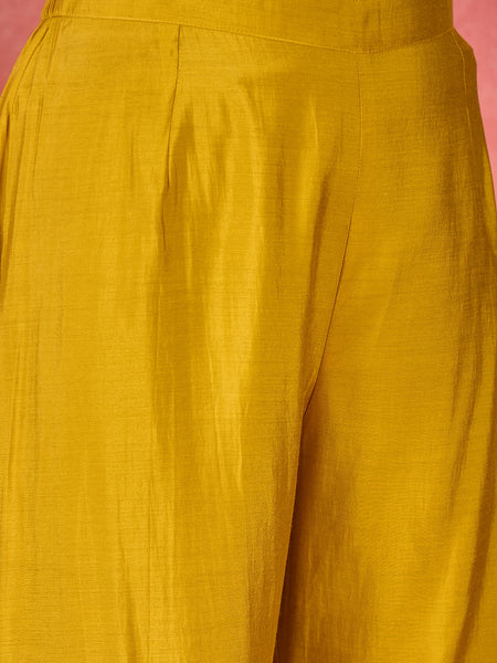 Yellow Embroidered V-Neck Mirror work Kaftan With Trousers
