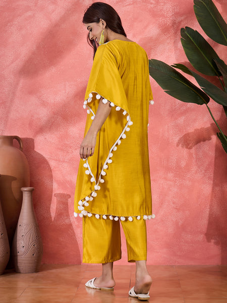 Yellow Embroidered V-Neck Mirror work Kaftan With Trousers